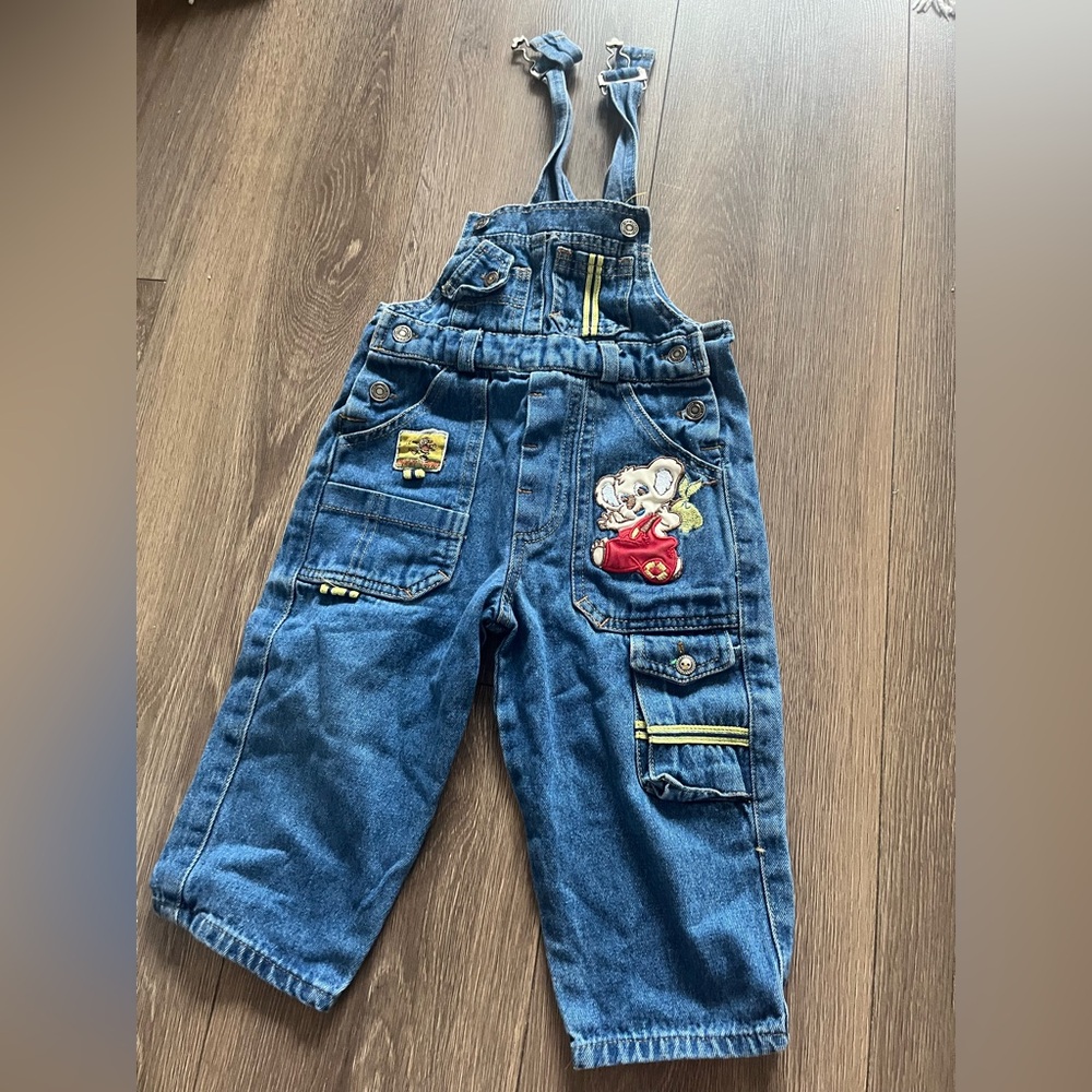 Vintage Kids Denim Overalls with Cartoon Patch